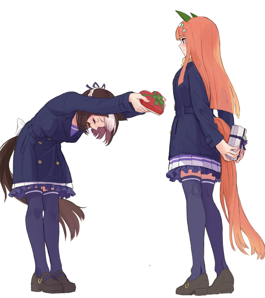 2girls, absurdres, animal_ears, back_bow, benikirin, blue_eyes, blush, bow, bowing, box, braid, brown_footwear, commentary, crown_braid, ear_covers, full_body, hairband, heart-shaped_box, highres, horse_ears, horse_girl, horse_tail, jacket, loafers, long_hair, long_sleeves, matching_outfits, multicolored_hair, multiple_girls, orange_hair, pleated_skirt, purple_jacket, purple_skirt, purple_thighhighs, school_uniform, shoes, short_hair, silence_suzuka_(umamusume), skirt, special_week_(umamusume), symbol-only_commentary, tail, thigh-highs, tracen_school_uniform, tracen_winter_coat, two-tone_hair, umamusume, valentine, white_hair, winter_uniform, yuri, zettai_ryouiki