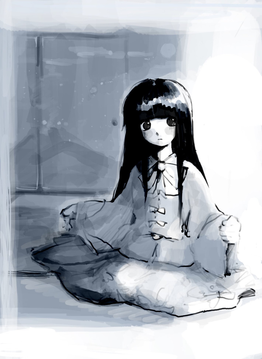 1girl, black_eyes, black_hair, bow, bowtie, door, highres, hime_cut, houraisan_kaguya, long_hair, long_sleeves, looking_at_viewer, monochrome, on_floor, ra9gaki_22ki, sitting, skirt, solo, touhou, wide_sleeves