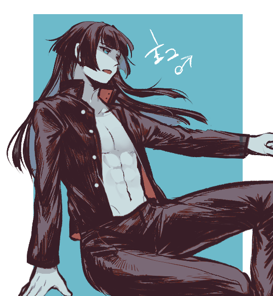 1boy, abs, black_hair, blue_background, blue_eyes, blunt_bangs, border, character_name
