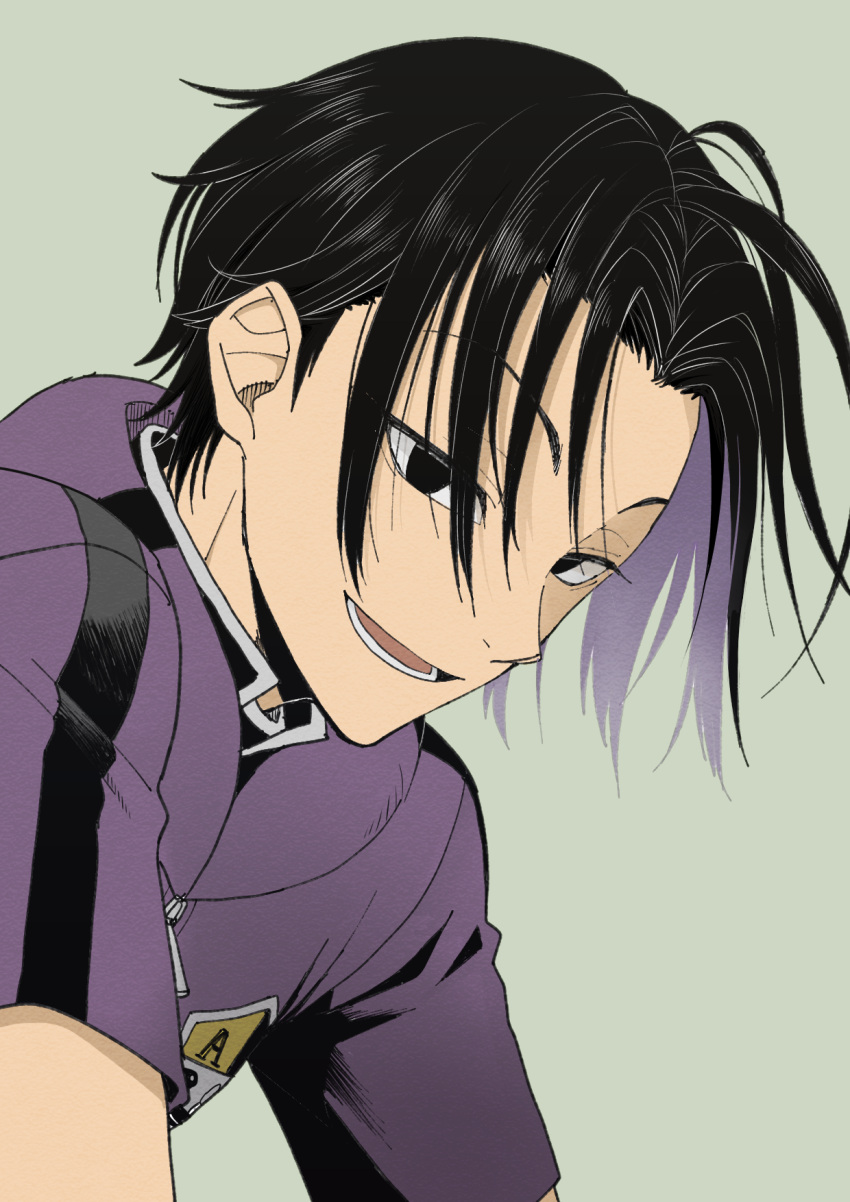 1boy, alternate_hairstyle, black_hair, colored_inner_hair, from_side, grey_background, hair_over_eyes, highres