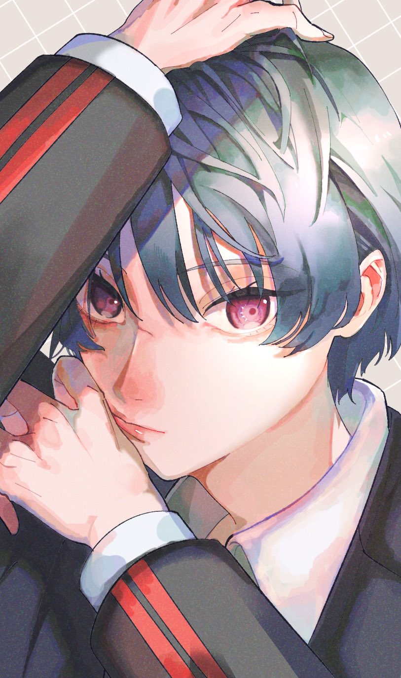 1girl, arm_up, black_hair, black_jacket, blue_hair, border_operator_uniform_(world_trigger), closed_mouth, collared_shirt