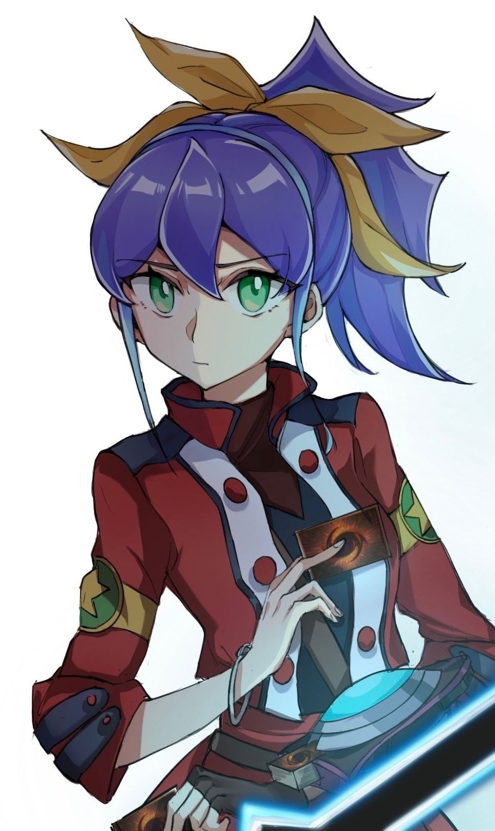1girl, akahoshi_k, black_gloves, black_shirt, bow, bracelet, card, duel_academy_uniform_(yu-gi-oh!_arc-v)