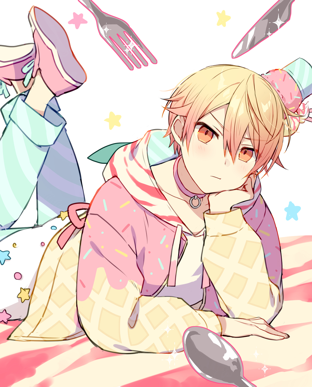 1boy, :|, aqua_pants, arm_rest, blonde_hair, cheek_rest, choker, closed_mouth