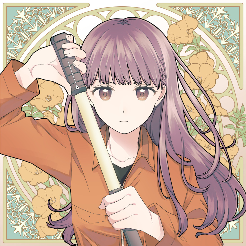 1girl, arm_up, border, brown_eyes, floral_background, hair_down, hands_up, highres
