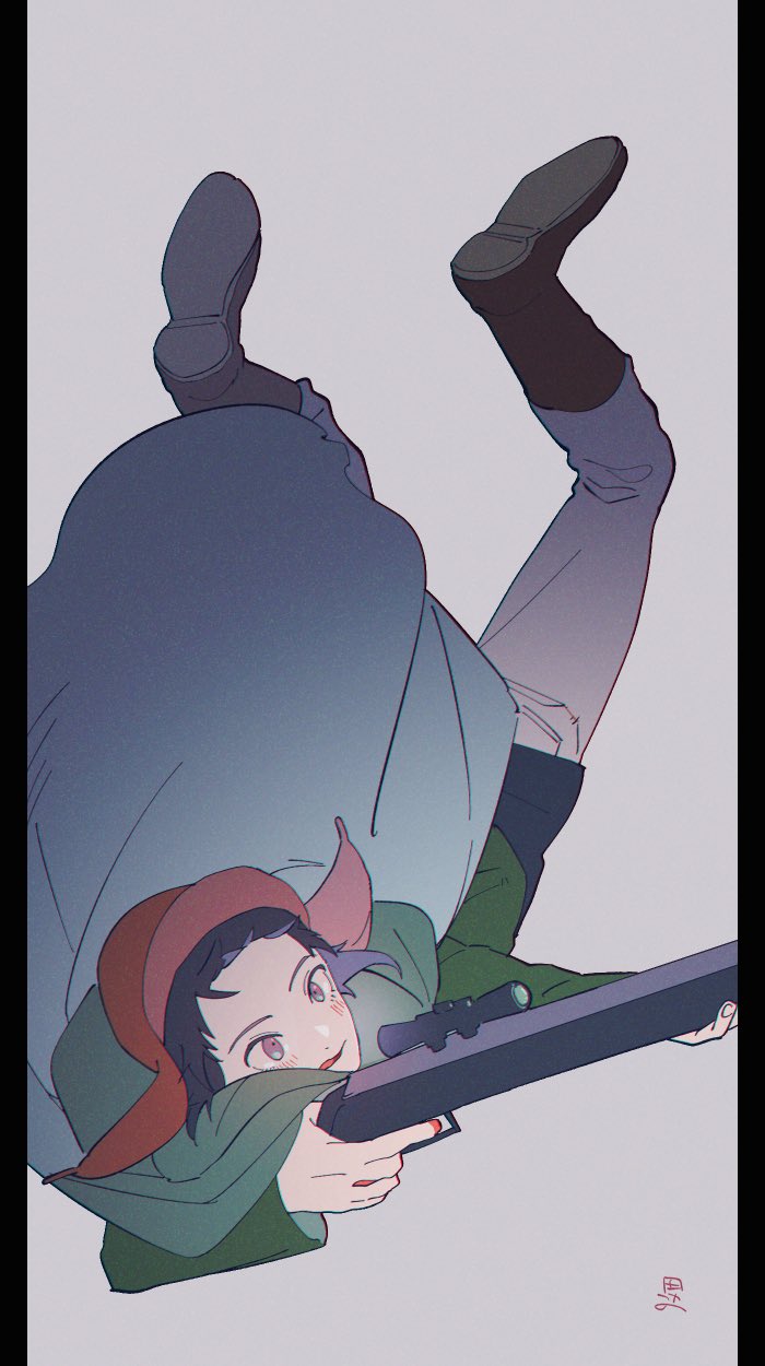 1boy, :q, aiming, betsuyaku_taichi, black_footwear, black_hair, boots, cape