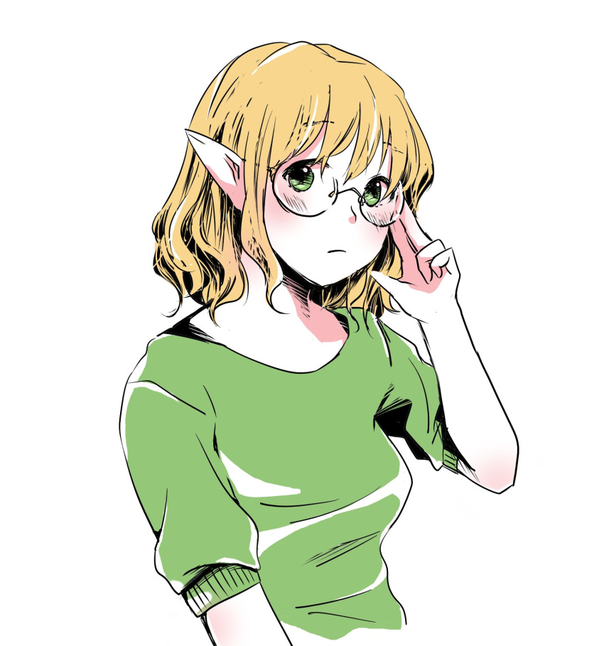 1girl, adjusting_eyewear, alternate_costume, bespectacled, black-framed_eyewear, blonde_hair, blush, breasts