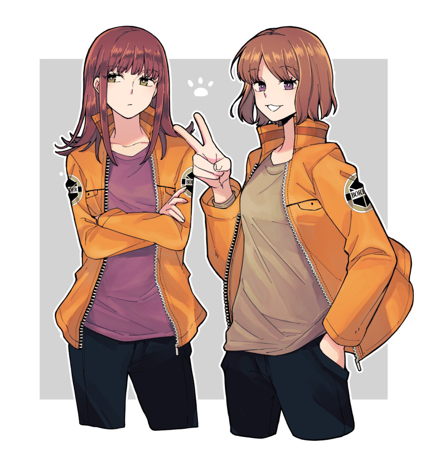 2girls, :3, black_pants, bob_cut, brown_hair, brown_shirt, closed_mouth, cropped_legs