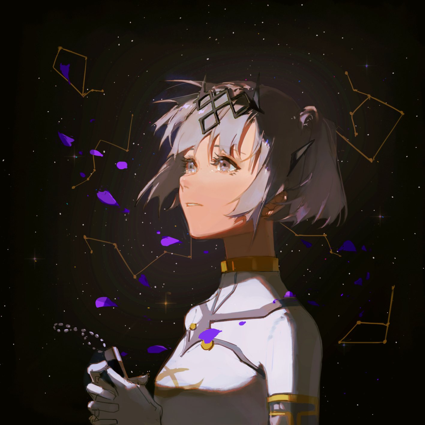 1girl, bodysuit, constellation, crying, crying_with_eyes_open, dog_tags, grey_bodysuit, grey_eyes