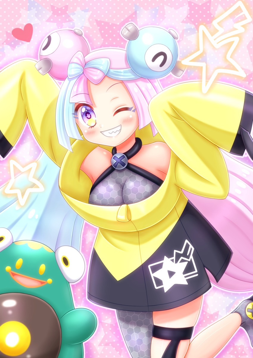 1girl, bellibolt, blush, breasts, grey_pantyhose, hair_ornament, hairclip, hexagon_print, highres, iono_(pokemon), jacket, magnemite, multicolored_hair, niwatori_(syamo_chamo), oversized_clothes, pantyhose, pokemon, pokemon_(game), pokemon_sv, single_leg_pantyhose, small_breasts, two-tone_hair, x, yellow_jacket