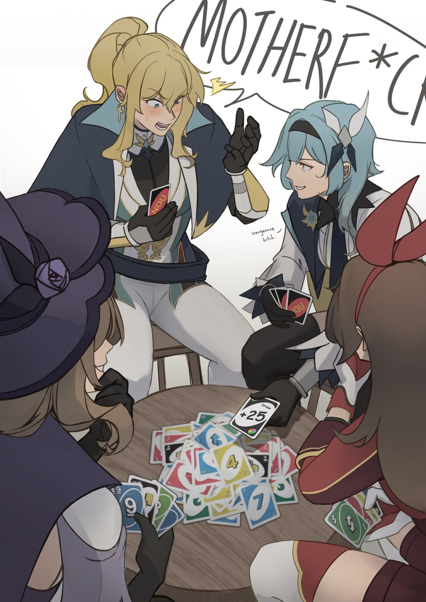 4girls, amber_(genshin_impact), black_gloves, black_thighhighs, blonde_hair, blue_hair, bow_hairband, brand_name_imitation