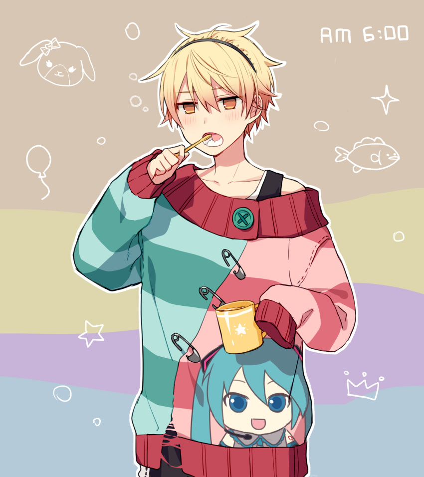 1boy, :o, aqua_hair, aqua_sweater, balloon, black_hairband, black_pants, black_tank_top