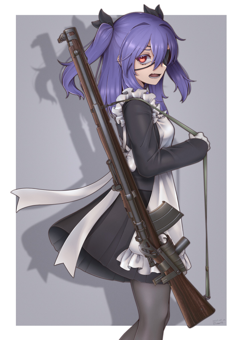 1girl, absurdres, apron, black_ribbon, black_shirt, black_skirt, eyepatch, fang, frilled_apron, frills, from_side, gloves, grey_background, grey_pantyhose, gun, hair_between_eyes, hair_ribbon, highres, holding, holding_gun, holding_weapon, howell_automatic_rifle, long_sleeves, looking_at_viewer, looking_to_the_side, open_mouth, original, pantyhose, paravene, pleated_skirt, purple_hair, red_eyes, ribbon, shadow, shirt, skirt, sleeves_past_wrists, solo, two-tone_background, two_side_up, weapon, white_apron, white_background, white_gloves