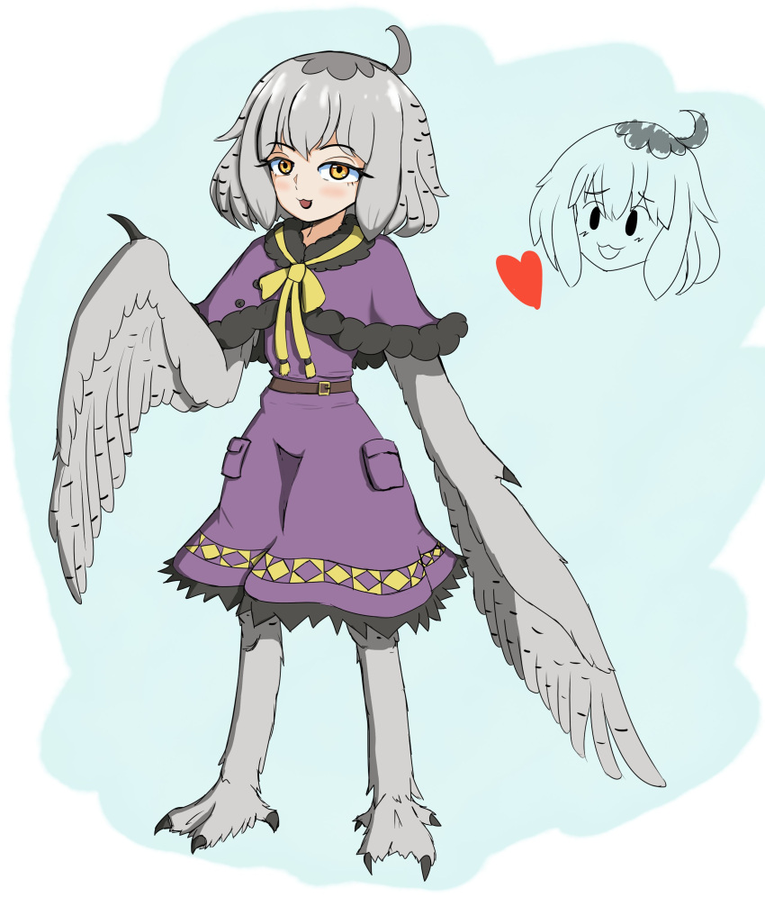 1girl, 21stimp, absurdres, ahoge, bird_legs, blush, borrowed_character, capelet