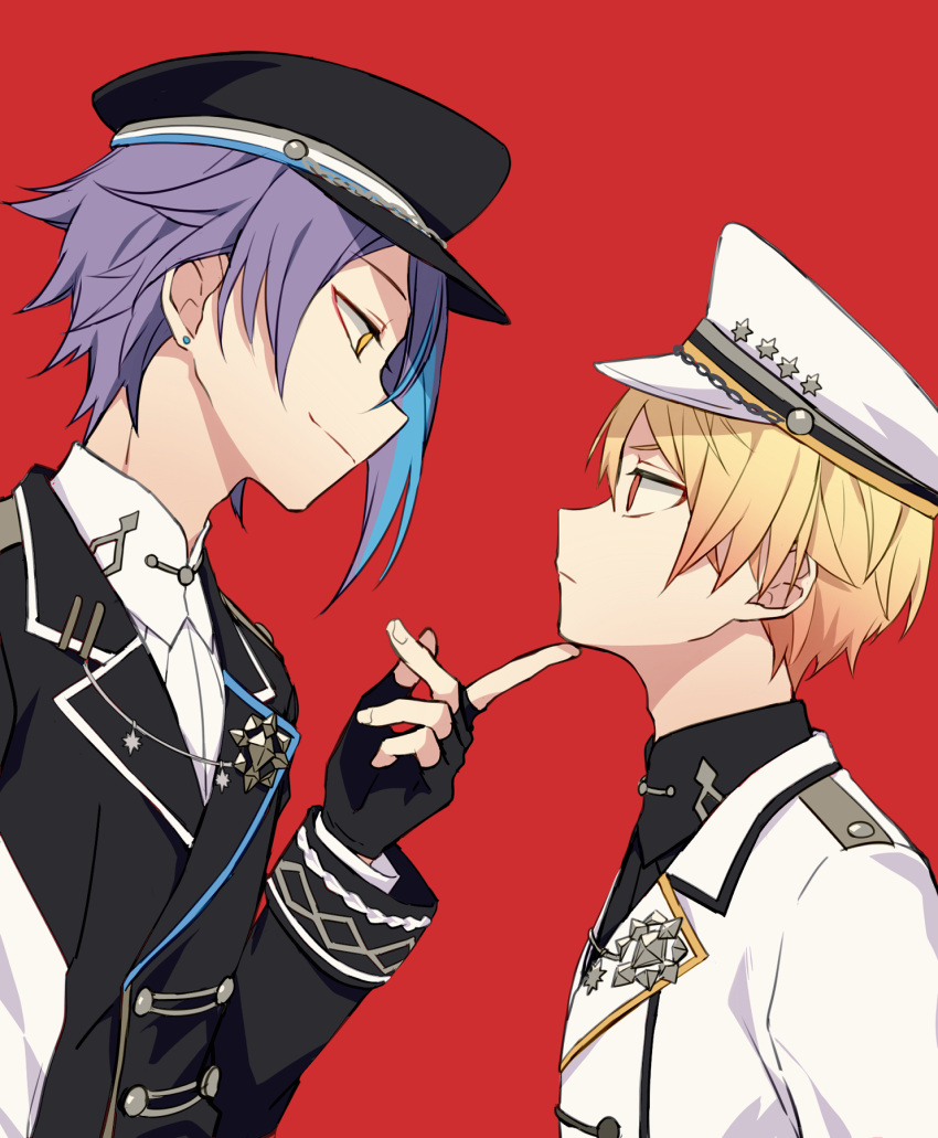 2boys, black_gloves, black_headwear, black_jacket, black_shirt, blonde_hair, blue_hair, brooch