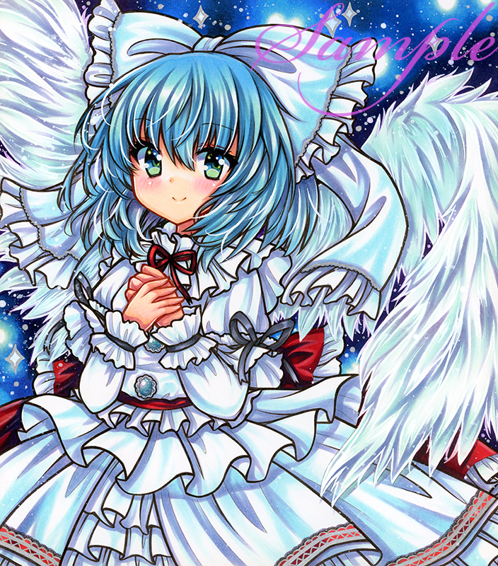 1girl, black_ribbon, blue_eyes, blue_hair, bow, closed_mouth, cowboy_shot, dress, embellished_costume, feathered_wings, frilled_bow, frilled_dress, frills, hair_bow, long_sleeves, looking_at_viewer, mai_(touhou), marker_(medium), medium_hair, neck_ribbon, own_hands_together, red_ribbon, ribbon, rui_(sugar3), sample_watermark, smile, solo, standing, touhou, touhou_(pc-98), traditional_media, white_bow, white_dress, white_wings, wings