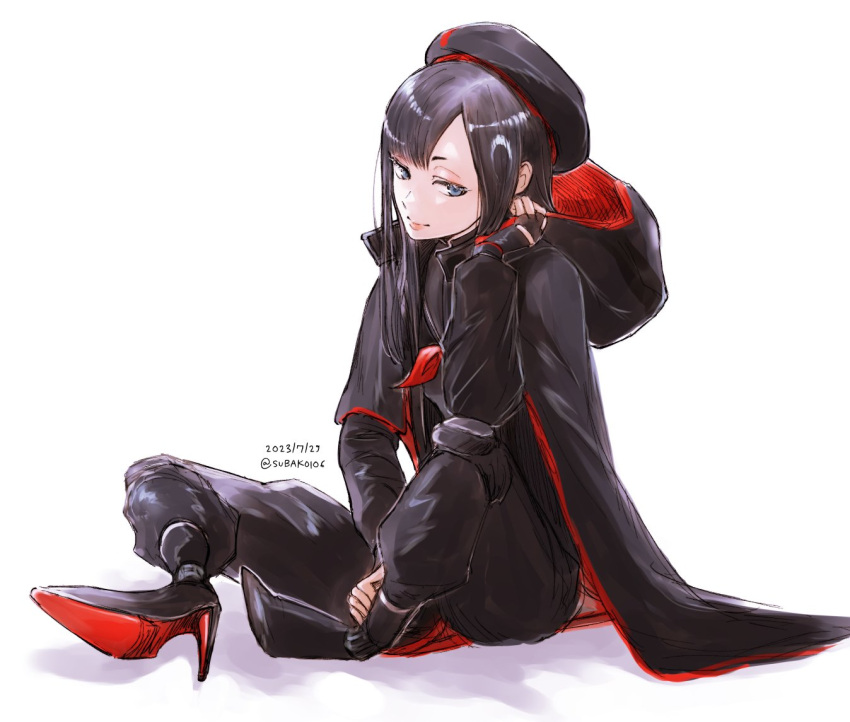 1girl, asymmetrical_bangs, beret, black_gloves, black_hair, black_headwear, black_jacket, black_pants