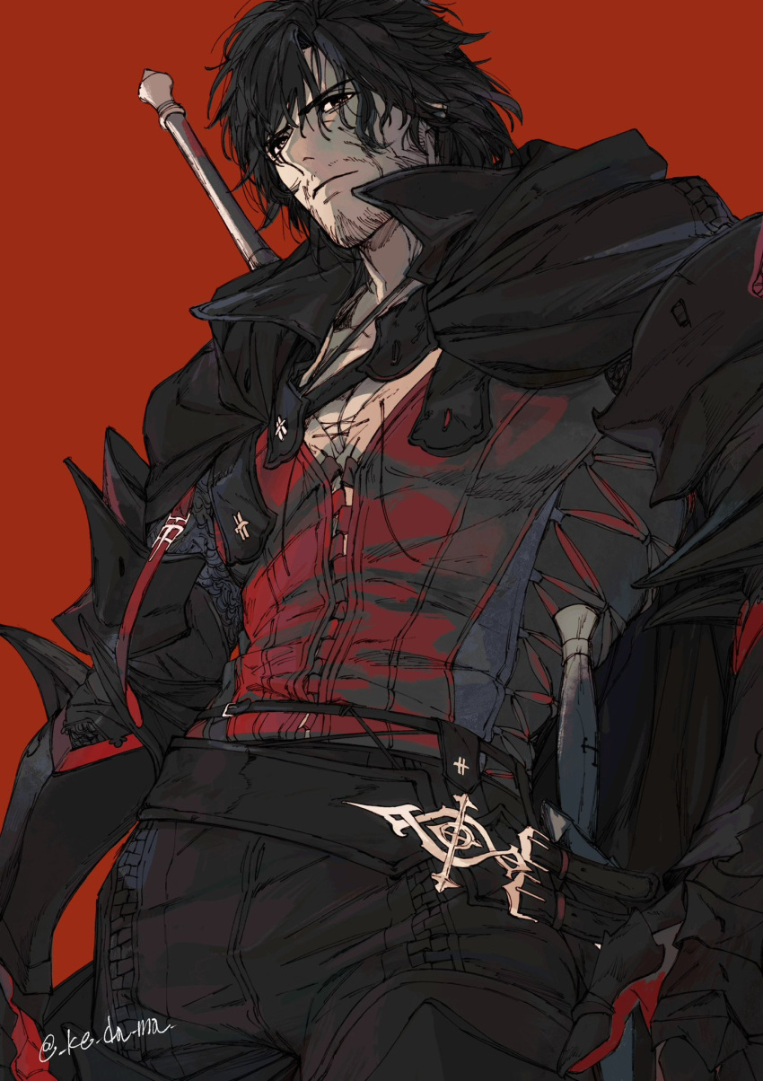 1boy, belt, black_belt, black_cloak, black_eyes, black_hair, black_pants, clive_rosfield