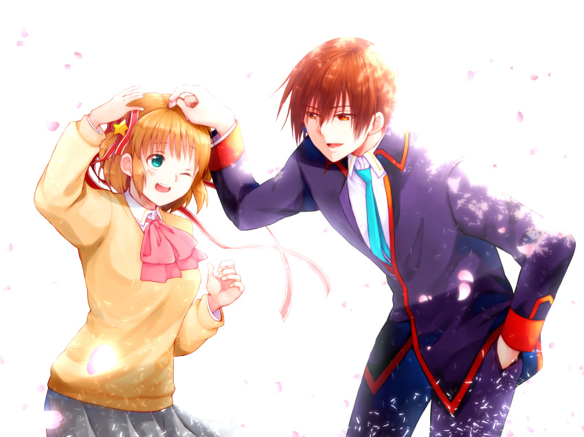1boy, 1girl, 2020, :d, aqua_eyes, arm_up, black_jacket, blue_necktie