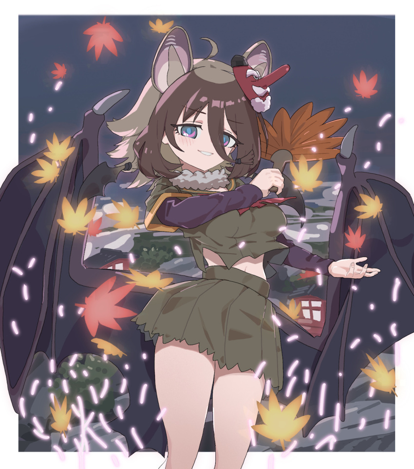 animal_ears, bat_ears, bat_girl, bat_wings, blue_eyes, blue_sleeves, brown_hair, cowboy_shot
