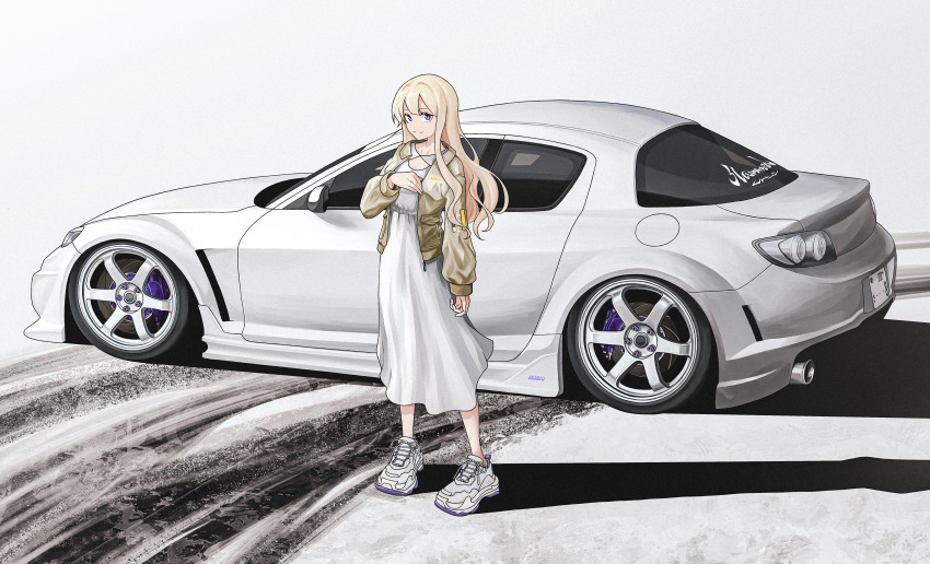 1girl, absurdres, blonde_hair, bokuya, car, closed_mouth, dress, full_body