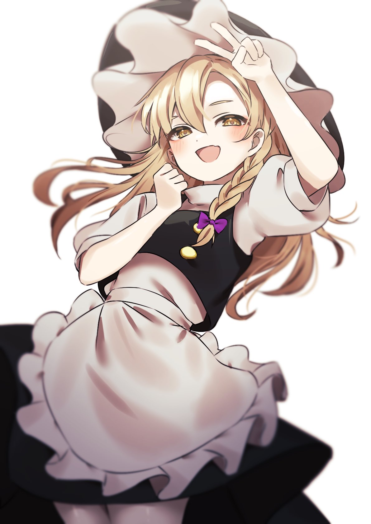 1girl, apron, black_headwear, black_skirt, black_vest, blonde_hair, blush, bow