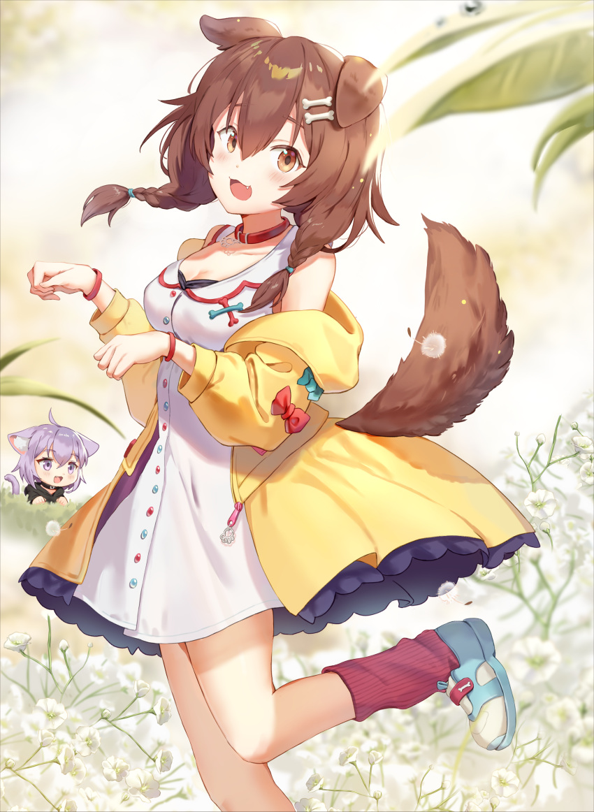 2girls, :3, absurdres, animal_ears, bare_shoulders, blue_footwear, blurry, bone_hair_ornament