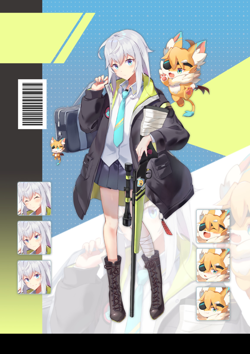 1girl, absurdres, animal, bag, bandage_on_leg, barcode, black_footwear, black_jacket