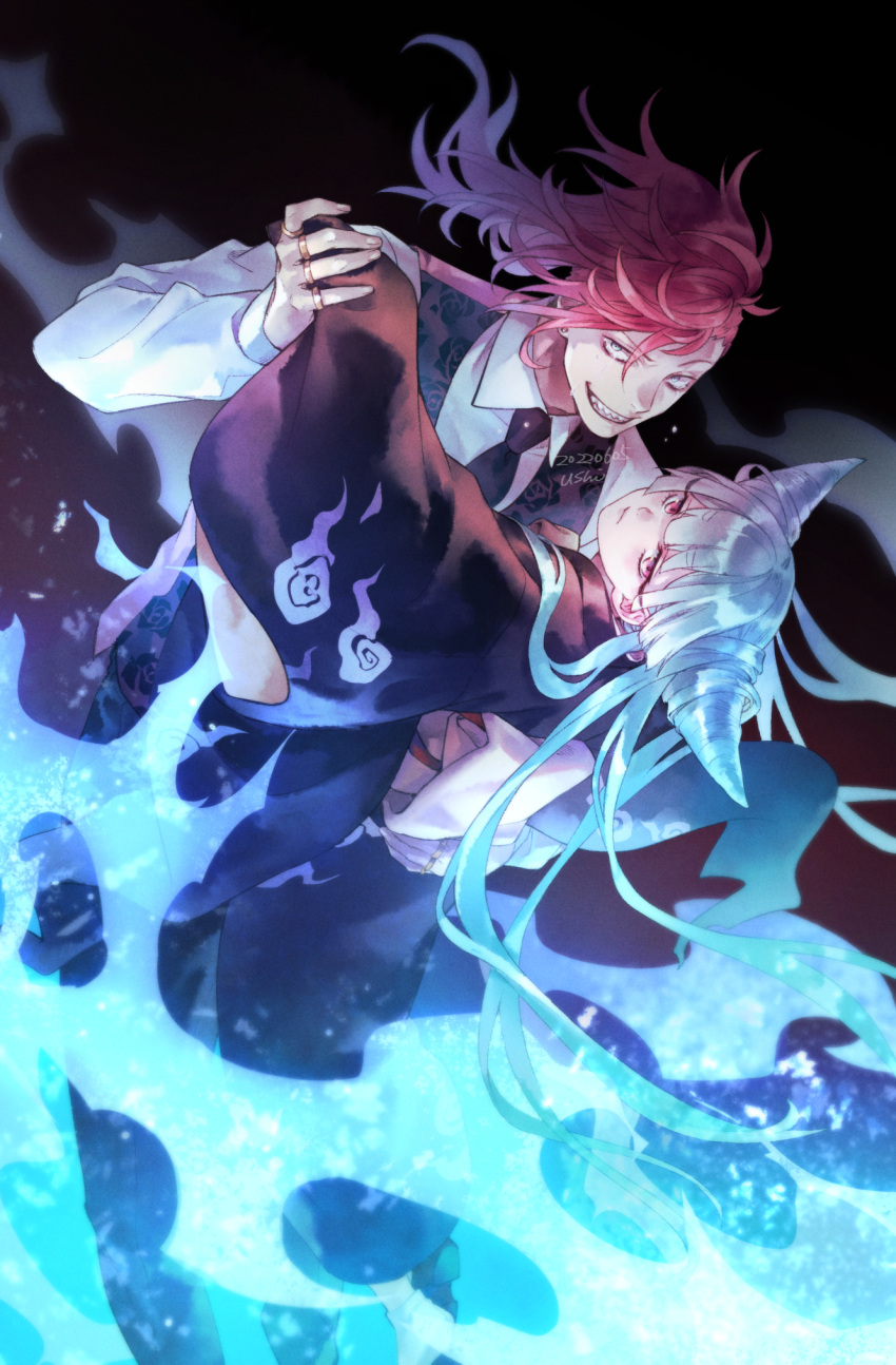 1boy, 1girl, akari_doppo, ayashimon, black_background, black_kimono, blue_fire, blue_hair, dancing, fire, floral_print, grey_eyes, highres, japanese_clothes, jewelry, kimono, light_blue_hair, long_hair, multiple_rings, necktie, pink_eyes, redhead, ring, sharp_teeth, teeth, urara_(ayashimon), ushi_424, very_long_hair, white_hair, wide_sleeves