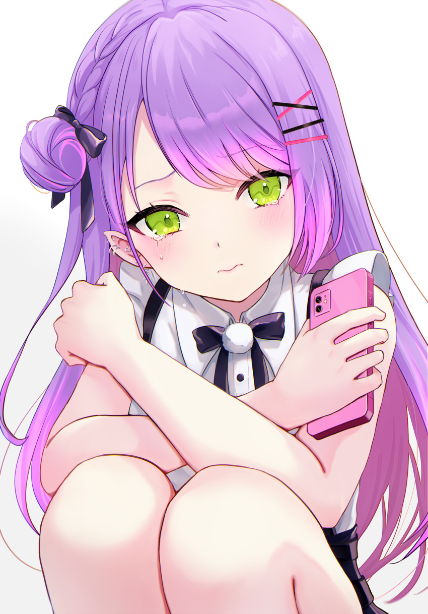 1girl, absurdres, black_ribbon, blush, cellphone, closed_mouth, colored_inner_hair, commentary_request
