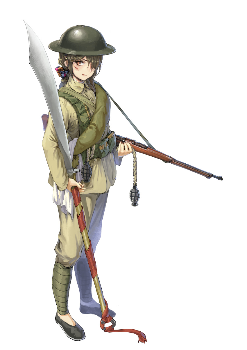 1girl, absurdres, ammunition, ammunition_pouch, arisaka, bandolier, belt_pouch, black_footwear