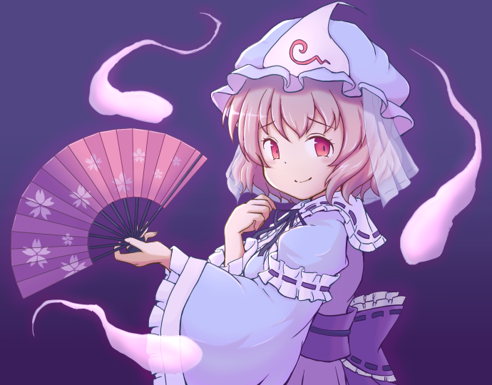 1girl, black_ribbon, blue_headwear, blue_kimono, blush, closed_mouth, commentary_request, folding_fan, frilled_kimono, frilled_sleeves, frills, ghost, hand_fan, hat, holding, holding_fan, japanese_clothes, kimono, long_sleeves, looking_at_viewer, medium_bangs, mob_cap, neck_ribbon, oekakomi, pink_hair, purple_background, red_eyes, ribbon, saigyouji_yuyuko, short_hair, sleeve_garter, smile, solo, touhou, triangular_headpiece, upper_body, wide_sleeves
