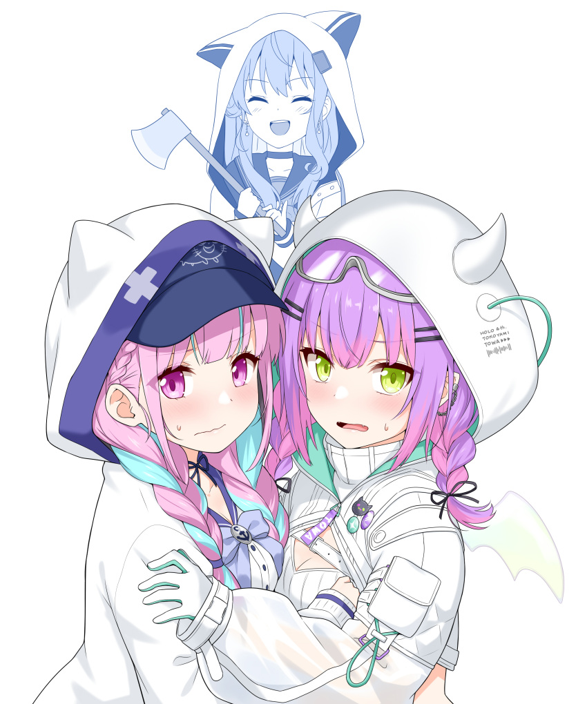 3girls, absurdres, arm_hug, axe, commentary, demon_wings, ear_piercing, english_commentary