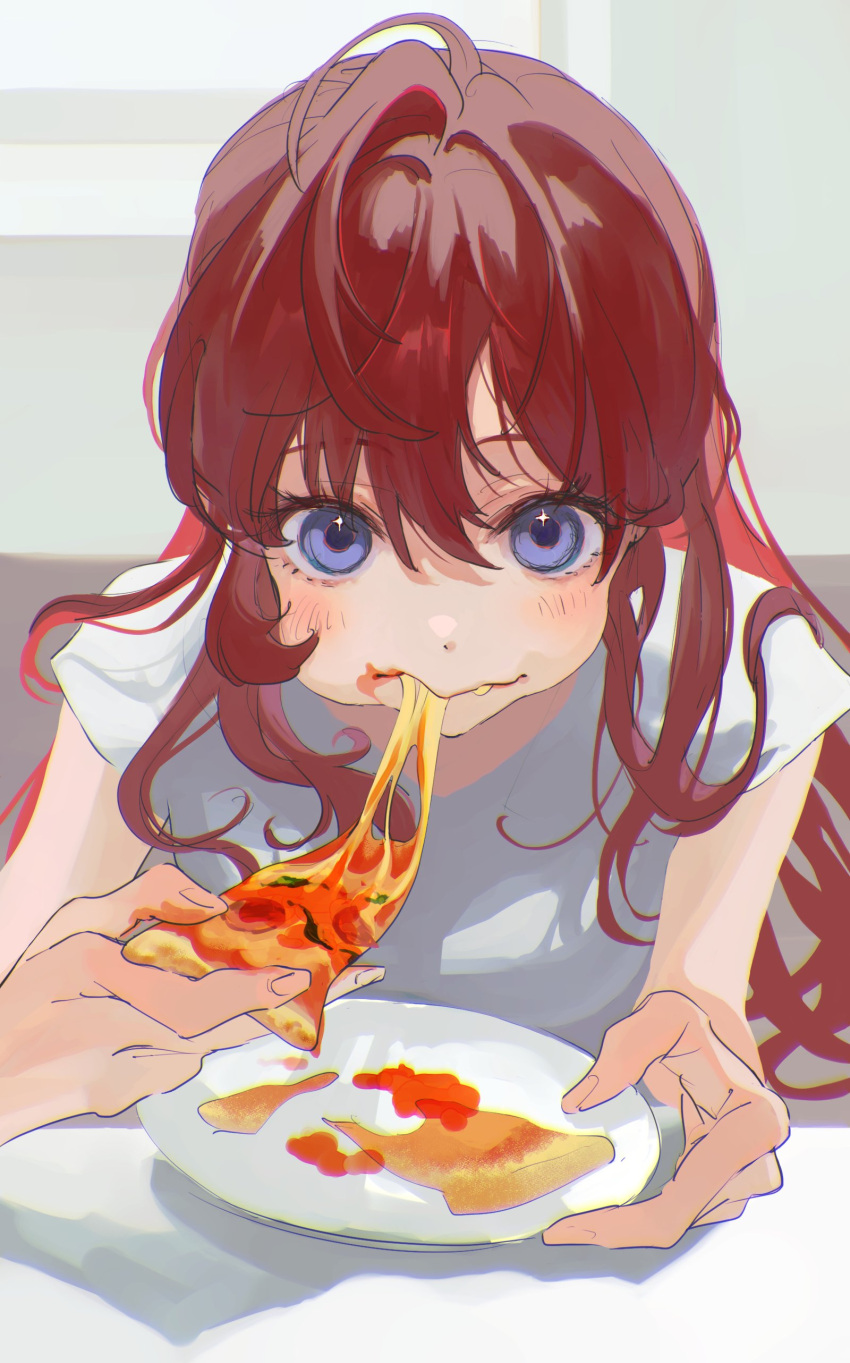 1girl, absurdres, blue_eyes, blush, eating, fang, food, highres, ichinose_shiki, idolmaster, idolmaster_cinderella_girls, long_hair, nininiwa2, pizza, pizza_slice, plate, redhead, shirt, short_sleeves, solo, white_shirt