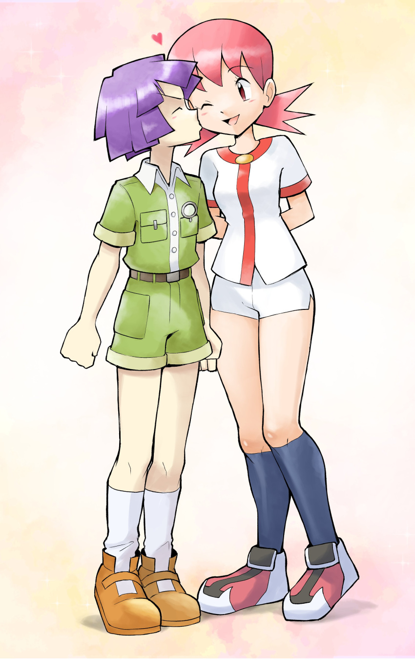 1boy, 1girl, absurdres, arms_behind_back, belt, brown_footwear, bugsy_(pokemon), clenched_hands