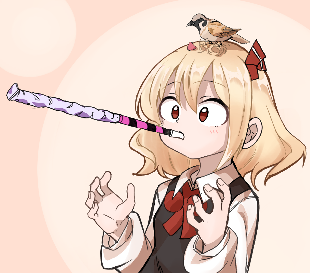 1girl, animal_on_head, ascot, bird, bird_on_head, black_vest, blonde_hair, bow, circle, collared_shirt, dot_nose, dress_shirt, hair_between_eyes, hair_bow, long_sleeves, mouth_hold, on_head, party_favor, red_ascot, red_bow, rumia, shinmon_akika, shirt, short_hair, sidelocks, simple_background, touhou, upper_body, vest, white_shirt, wide-eyed, wing_collar
