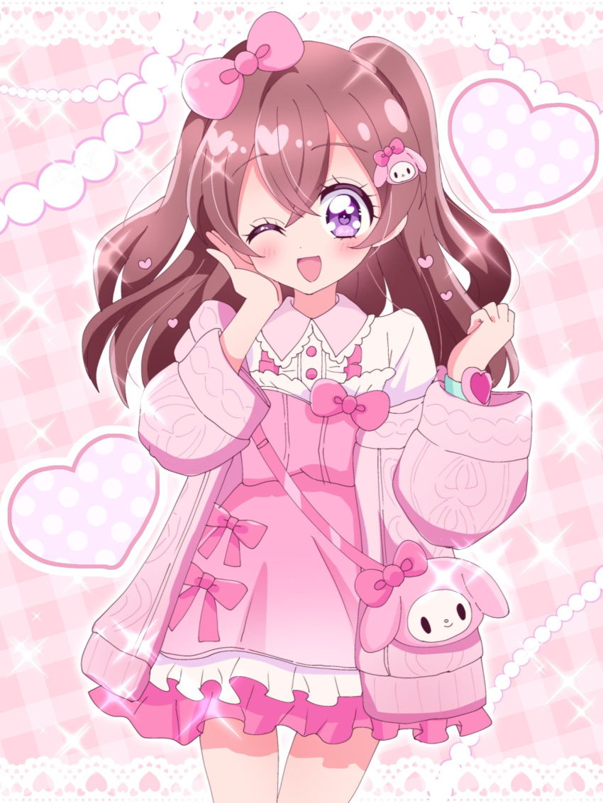 1girl, ;d, bag, blush, bow, brown_hair, delicious_party_precure, dress
