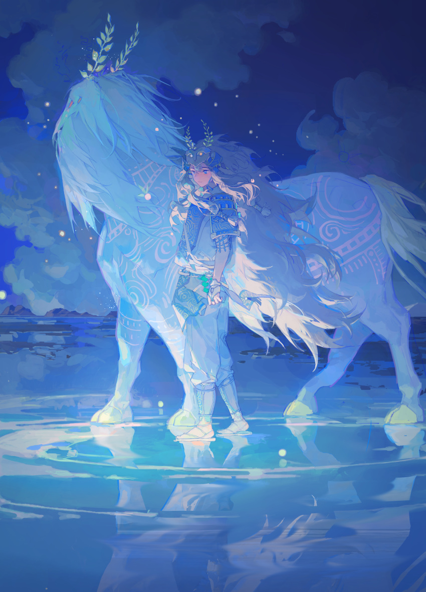 1boy, absurdres, arm_at_side, armor, blue_eyes, blue_sky, blue_theme, boots
