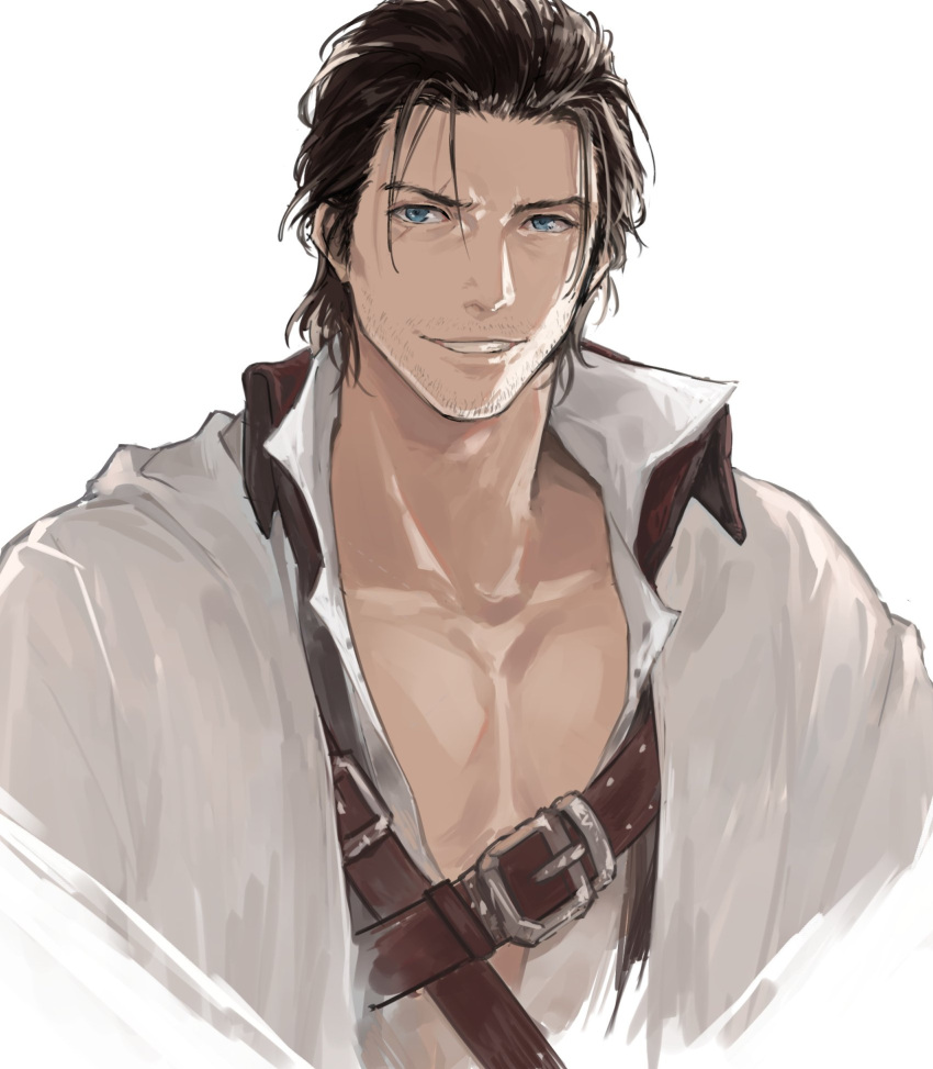1boy, adventurer_(ff14), beard_stubble, chanokiens, chest_harness, cropped_torso, final_fantasy, final_fantasy_xiv, hair_slicked_back, harness, highres, looking_at_viewer, male_focus, mature_male, medium_hair, meteor_(trailer_7)_(ff14), mustache_stubble, pectoral_cleavage, pectorals, scar, scar_across_eye, smile, smirk, solo, thick_eyebrows, warrior_of_light_(ff14)