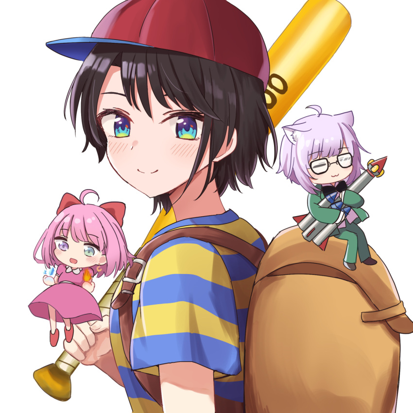 3girls, :3, backpack, bag, baseball_bat, baseball_cap, black_bow, black_hair
