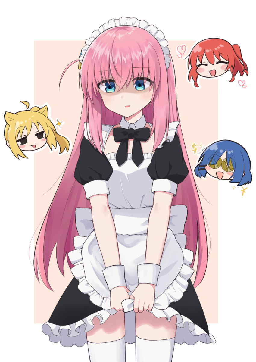 4girls, animal_ears, apron, black_bow, black_dress, blonde_hair, blue_hair, bocchi_the_rock!, bow, cat_ears, cat_girl, closed_eyes, coin, dollar_sign, dress, gotoh_hitori, green_eyes, heart, highres, holed_coin, ijichi_nijika, kita_ikuyo, long_hair, maid, maid_apron, maid_headdress, multiple_girls, open_mouth, pink_hair, redhead, side_ponytail, sidelocks, smile, sparkle, umedoufu, yamada_ryo