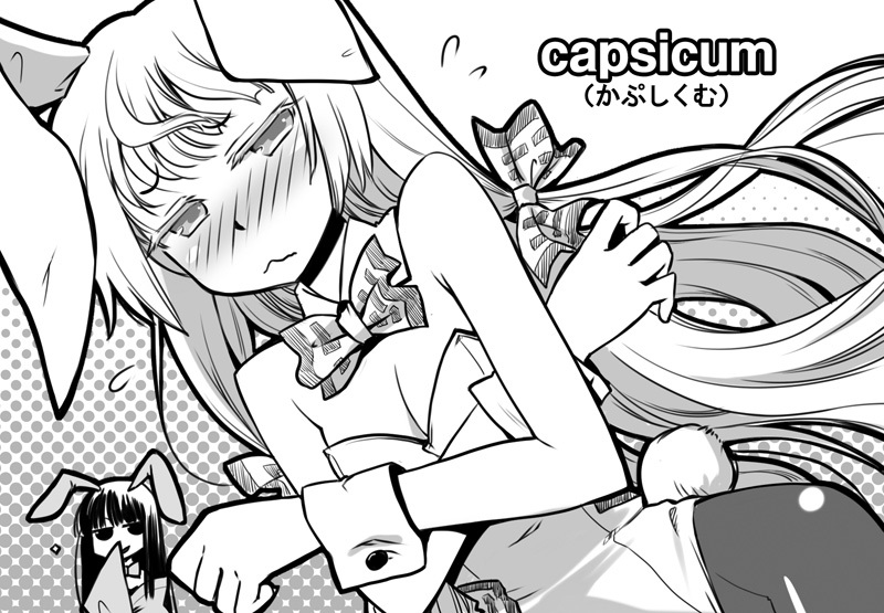 blush, bunny_ears, bunnysuit, dutch_angle, fujiwara_no_mokou, houraisan_kaguya, kanami_yuu, long_hair
