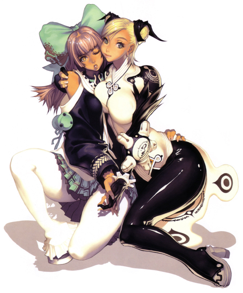 asymmetrical_docking, blonde_hair, bodysuit, bow, breast_press, breasts, green_eyes, hair_bow