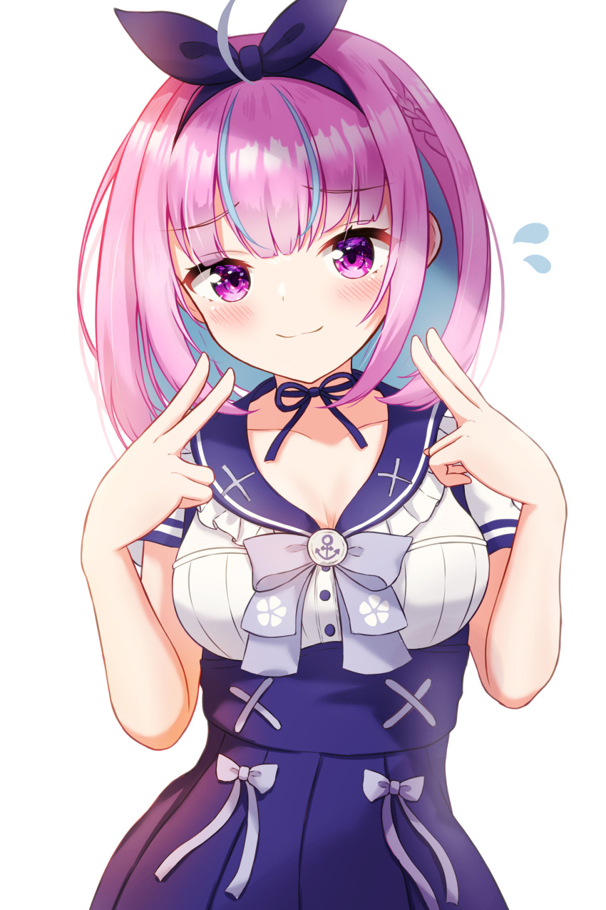 1girl, absurdres, ahoge, anchor_symbol, blue_bow, blue_bowtie, blue_choker, blue_hair, blue_ribbon, blue_sailor_collar, blue_skirt, blunt_bangs, blush, bob_cut, bow, bowtie, breasts, buttons, choker, closed_mouth, collarbone, colored_inner_hair, double_v, flying_sweatdrops, hair_ribbon, high-waist_skirt, highres, hololive, large_breasts, looking_at_viewer, medium_hair, minato_aqua, minato_aqua_(5th_costume), multicolored_hair, pleated_skirt, purple_hair, ribbon, ribbon_choker, rinkaa_(lovelive765pro2), sailor_collar, sailor_shirt, shirt, short_sleeves, simple_background, skirt, smile, solo, streaked_hair, upper_body, v, violet_eyes, virtual_youtuber, white_background, white_shirt