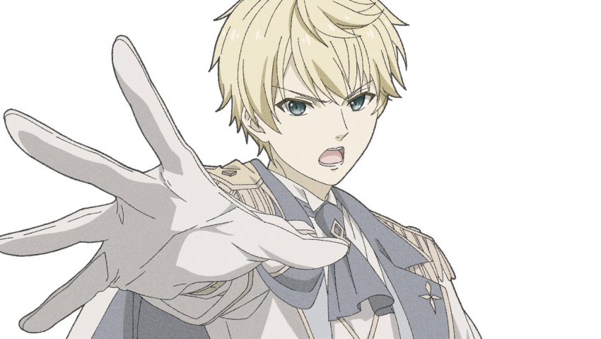 1boy, algard_von_palettia, blonde_hair, blue_eyes, epaulettes, gloves, male_focus, open_mouth