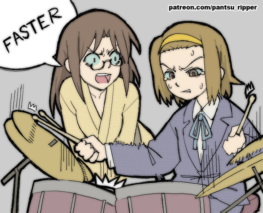 2girls, angry, blue_ribbon, blue_shirt, brown_eyes, brown_hair, clenched_teeth, crying