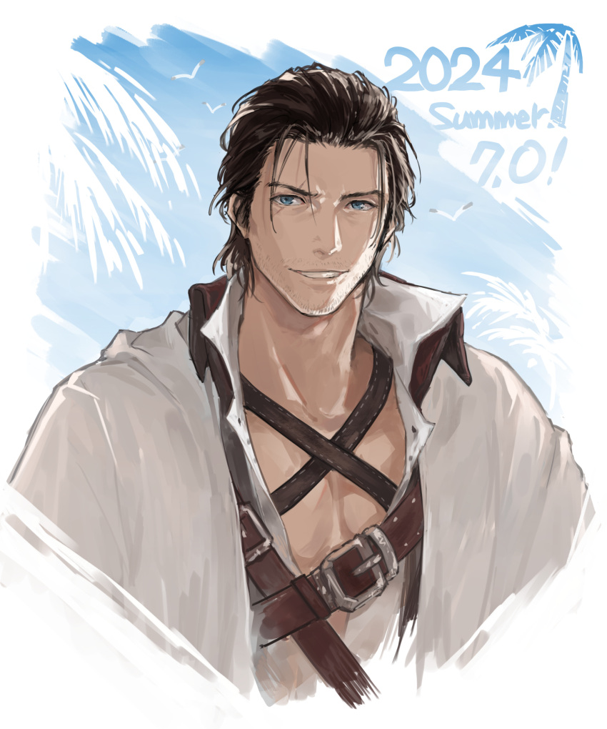 1boy, 2024, adventurer_(ff14), beard_stubble, chanokiens, chest_belt, chest_harness, cropped_torso, final_fantasy, final_fantasy_xiv, final_fantasy_xiv_dawntrail, hair_slicked_back, harness, highres, leather_belt, looking_at_viewer, male_focus, mature_male, medium_hair, mustache_stubble, pectoral_cleavage, pectorals, scar, scar_across_eye, smile, smirk, solo, summer, thick_eyebrows, warrior_of_light_(ff14)