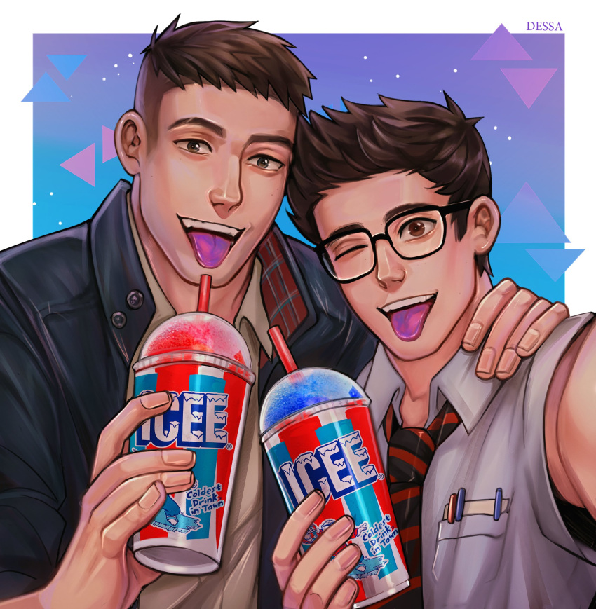 2boys, absurdres, artist_name, black_hair, black_jacket, brown_eyes, brown_jacket, collared_shirt
