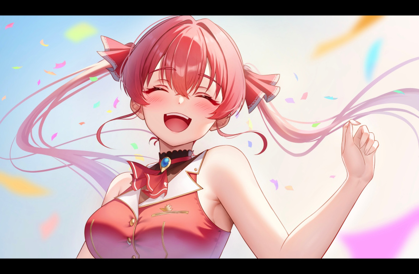 1girl, :d, ascot, blue_gemstone, blush, closed_eyes, collar, commentary