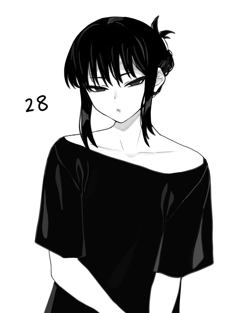 1girl, bare_shoulders, black_hair, character_age, collarbone, expressionless, gender_transitioning, greyscale