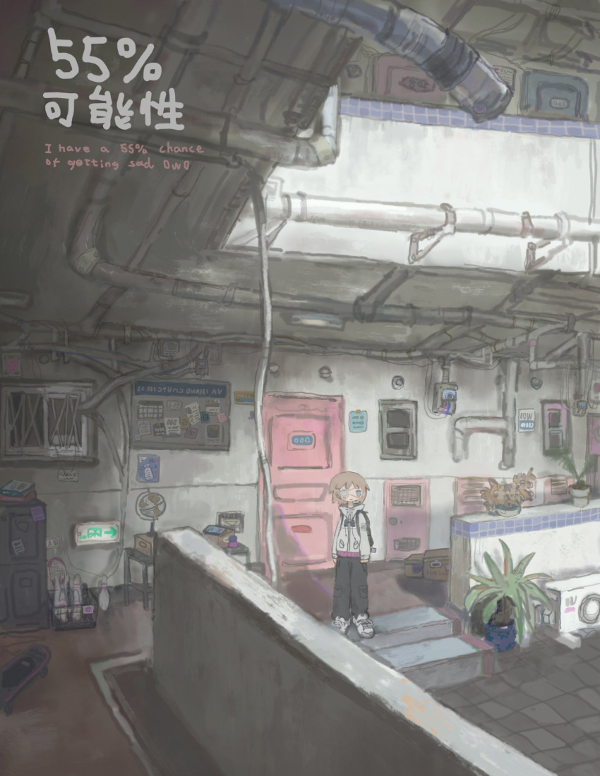 1girl, air_conditioner, akziqi, apartment, backpack, bag, barred_window, black_pants